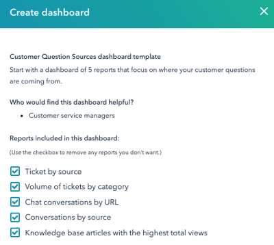 Standaard rapporten in het Customer Question Sources Dashboard